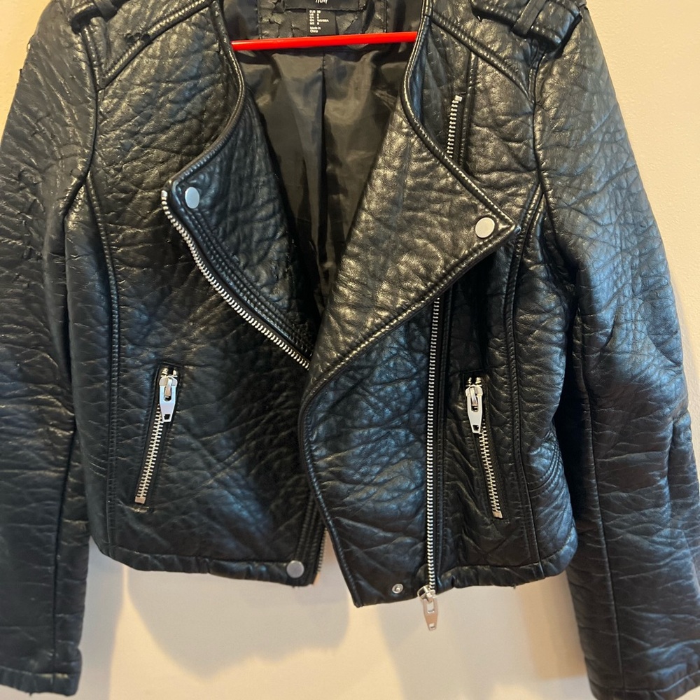 H&M Black Leather Moto Jacket with Asymmetrical Zipper
